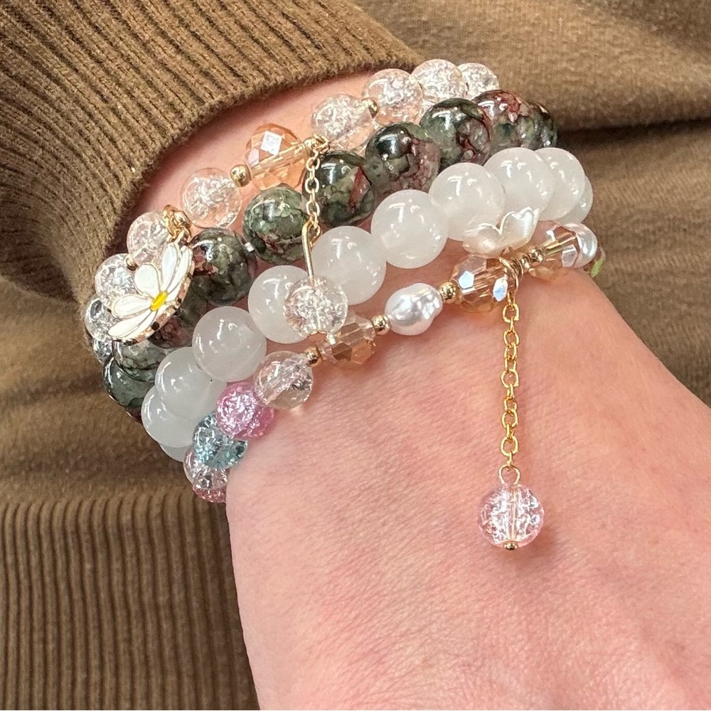 0102. Elegant Multi-Color Glass Beaded Bracelet Set
